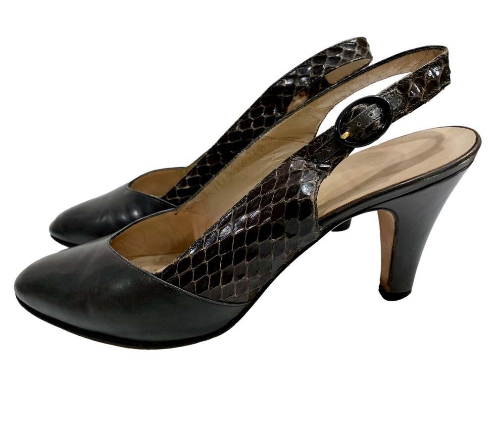 Vintage Ferragamo Dark Gray Leather & Snake Sling Backs | 6